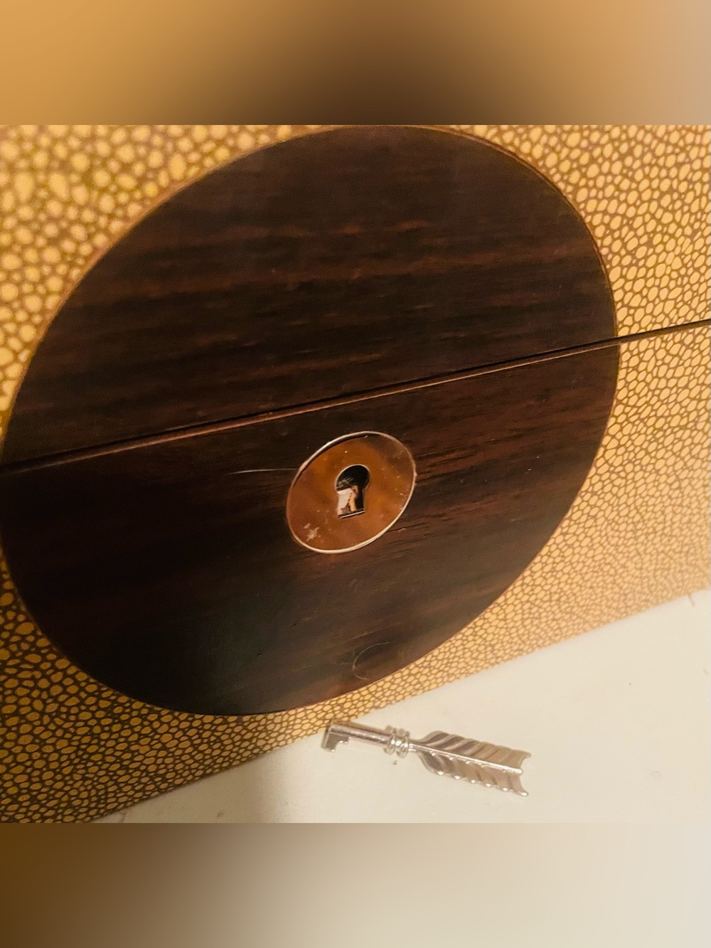 Global Views Faux Shagreen Locking Jewelry Box Mirror Key 14” Camel Brown